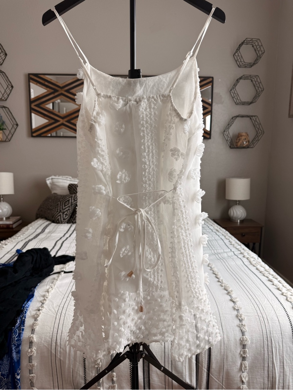 White Textured Spaghetti Strap Dress